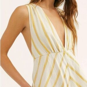FREE PEOPLE Sz6 VERONICA V-NECK STRIPED WIDE LEG JUMPSUIT MULTICOLOR‎